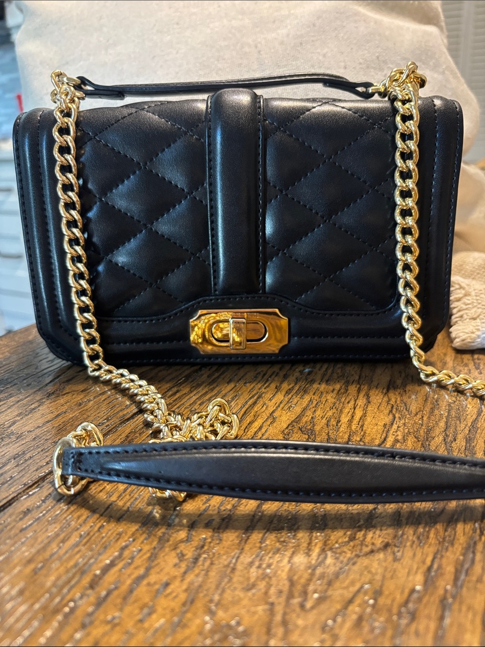 LA’FESTIN Black Quilted Crossbody Bag with Gold Chain Strap